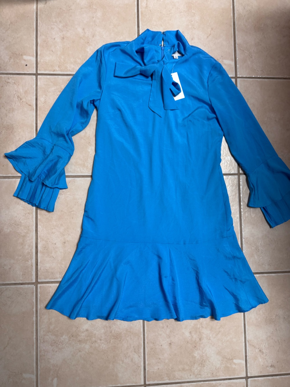 Tahari by Arthur S. Levine Tie-Neck Blue Ruffle Hem Dress - Women